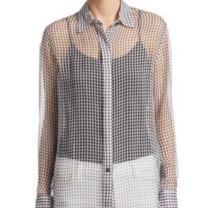 THEORY Silk Sheer Button-front Blouse In Black Ivory